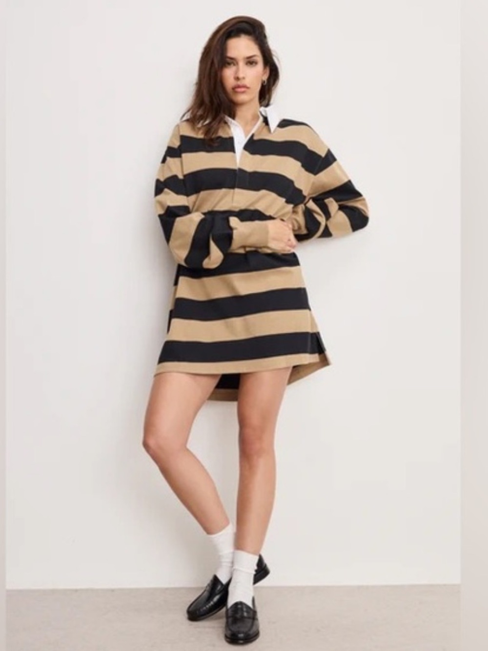 💙 Good American Striped Rugby Shirt Dress in Beige and Black